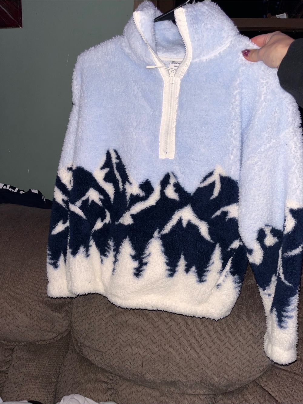 No Boundaries Light Blue, Navy & White Half-Zip Sherpa Sweater